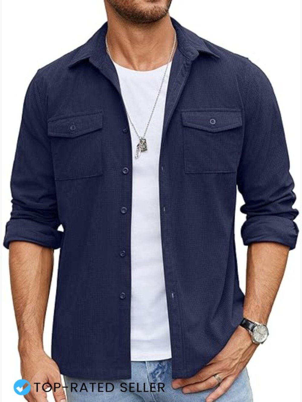 Men's Button Down Waffle Shirt Jacket Casual Overshirt Lightweight with Flap